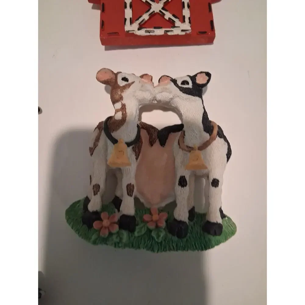 Vintage 1990s Resin Cow Collection Red Barn Farmhouse Kitchen Ornaments Lot of 7